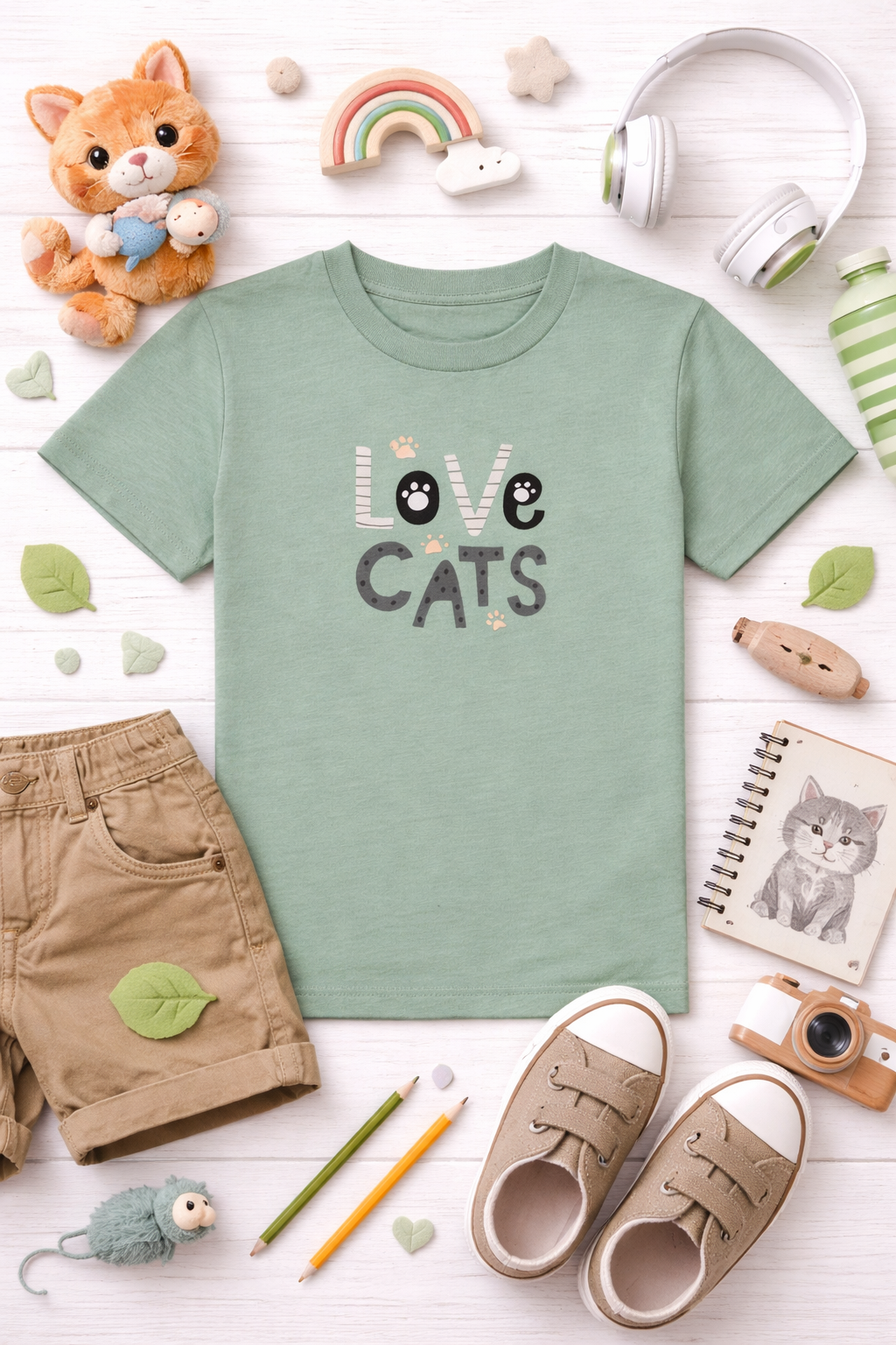 Green t-shirt with 'Love Cats' text on a white surface with cat-themed accessories.