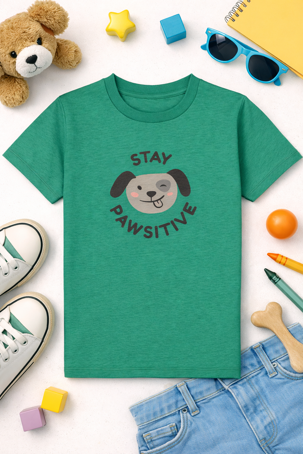 Green t-shirt with 'Stay Pawsitive' design on a white background with toys and shoes around