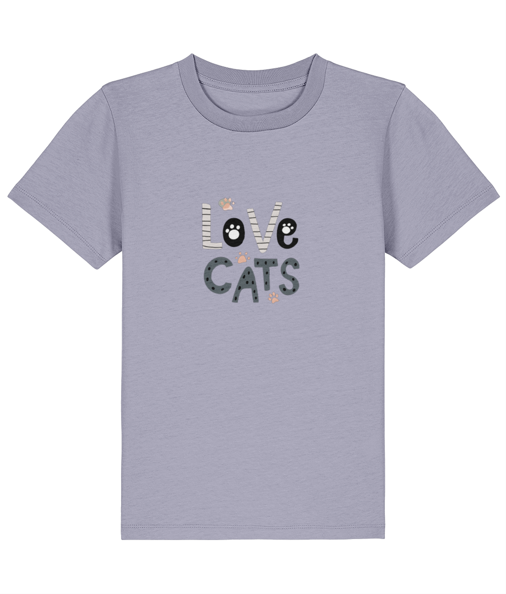Purple t-shirt with 'Love Cats' text on a white background
