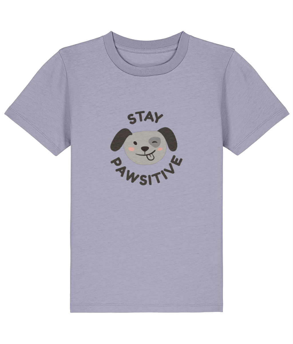 Purple t-shirt with a dog graphic and 'Stay Pawsitive' text on a white background