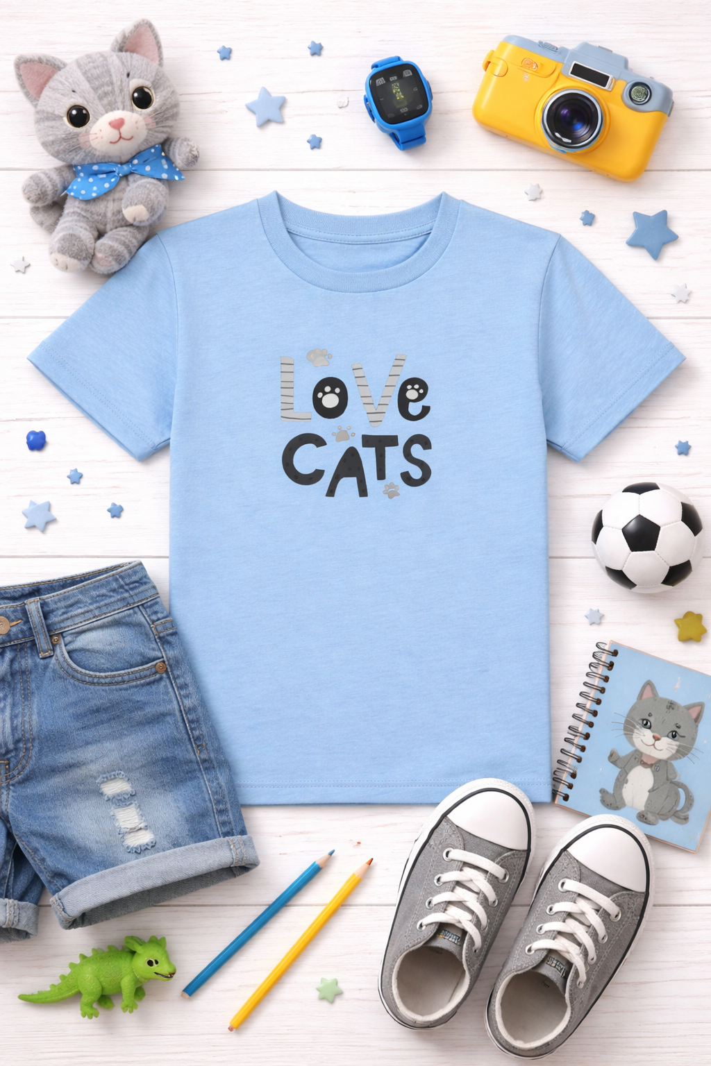 Blue t-shirt with 'I love cats' text, surrounded by children's items on a white wooden surface.
