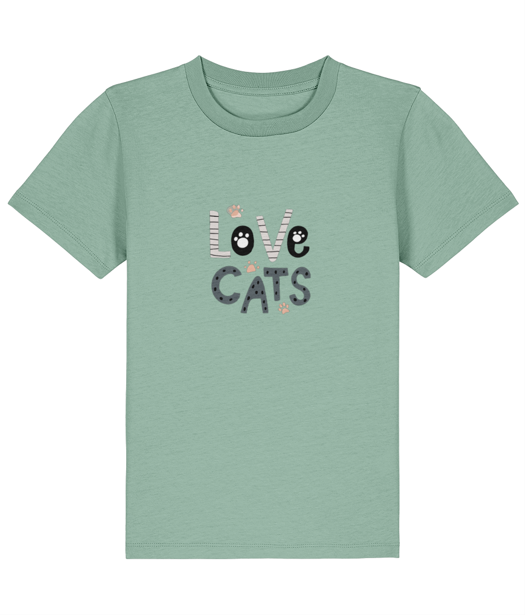 Green t-shirt with 'Love Cats' text on a white background