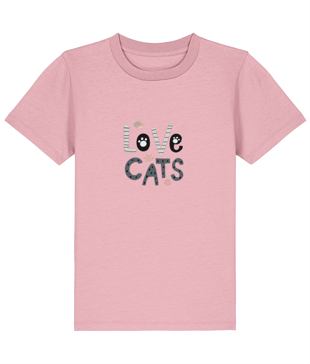 Pink t-shirt with 'LOVE CATS' text on a white background