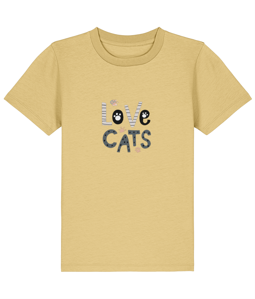 Yellow t-shirt with 'LOVE CATS' text on a white background