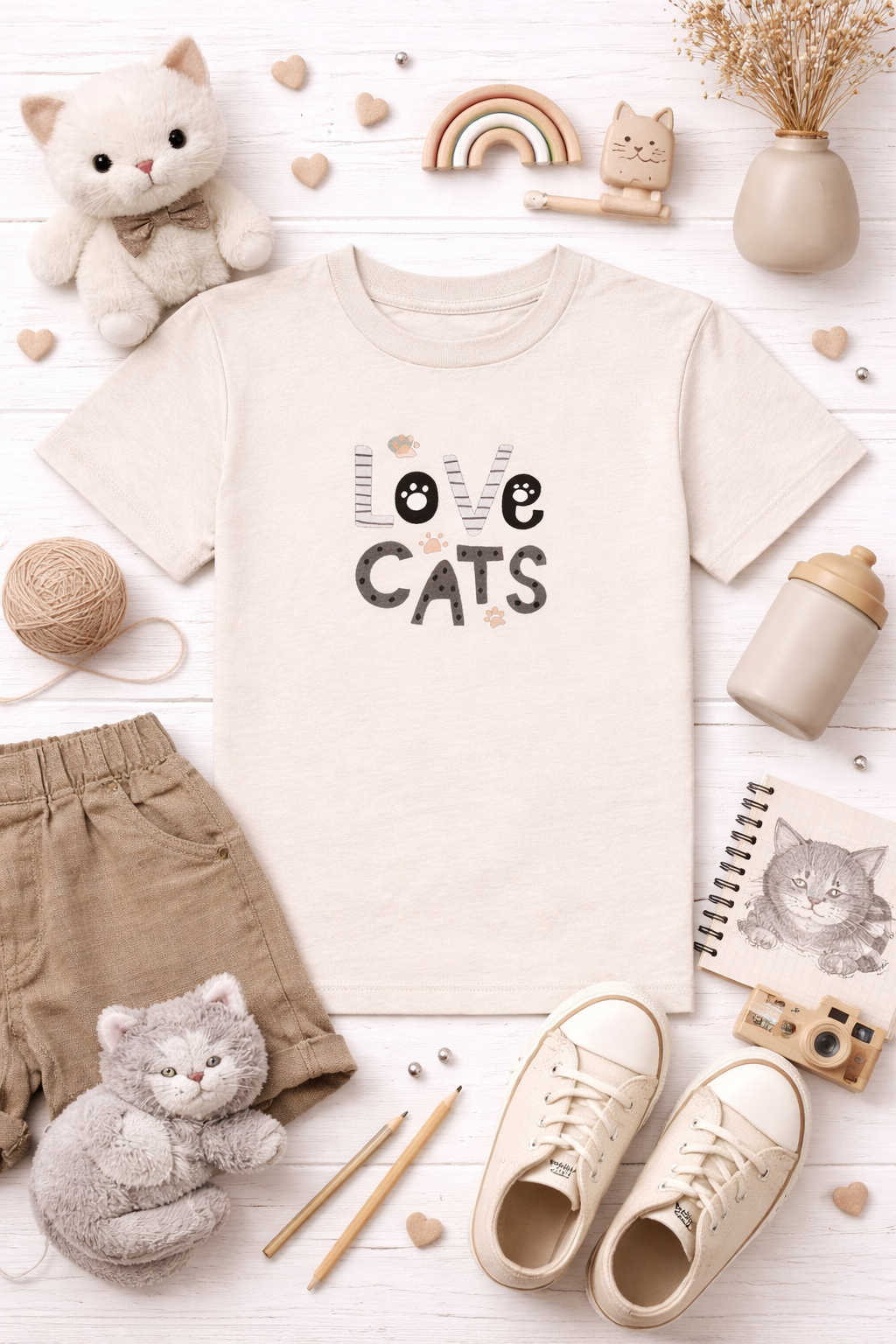 T-shirt with 'Love Cats' text on a white surface with cat-themed accessories.