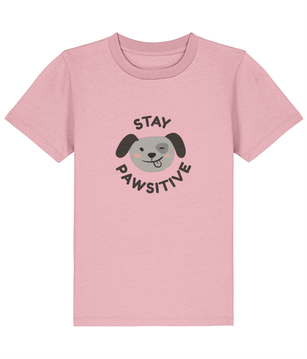 Pink t-shirt with a dog graphic and text 'Stay Pawsitive' on a white background