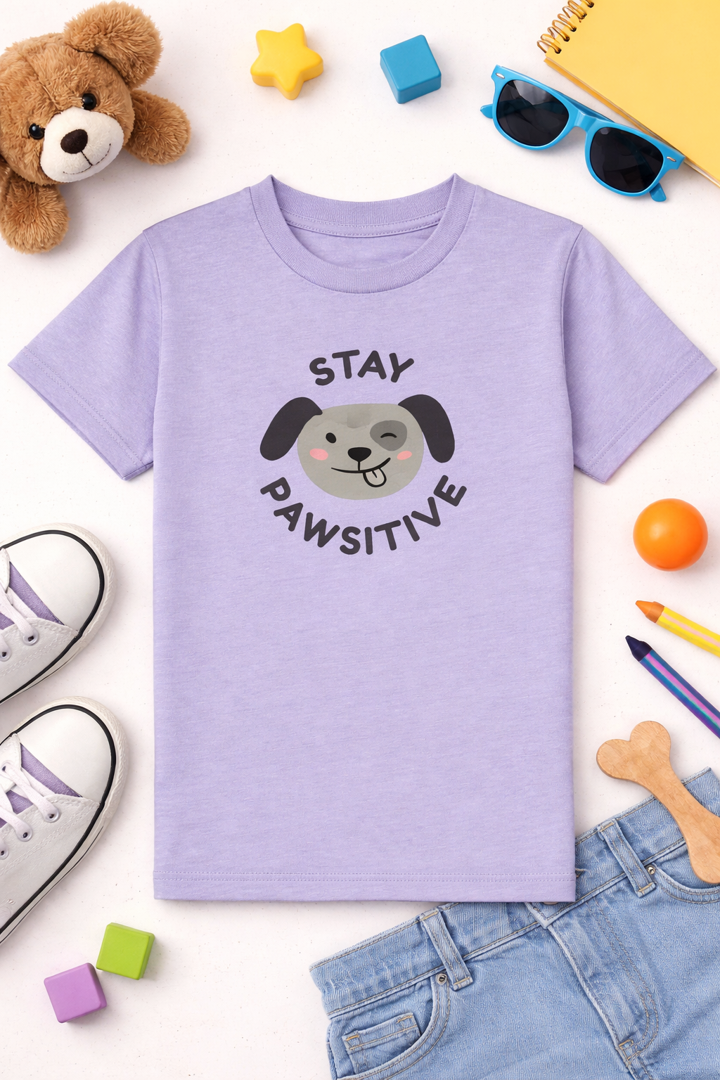 Purple t-shirt with a dog graphic and text, surrounded by toys and casual items on a white background