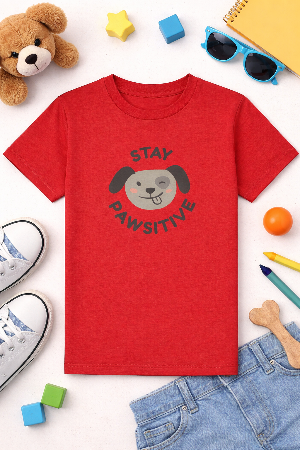 Red t-shirt with a dog graphic and 'Stay Pawsitive' text on a white background with toys and shoes.