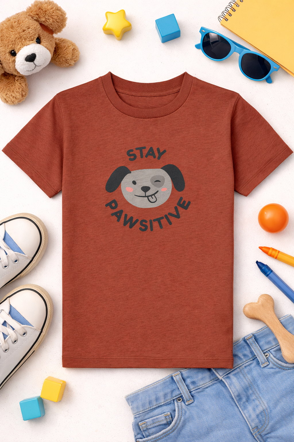 Brown t-shirt with 'Stay Pawsitive' graphic on a white background with toys and shoes around