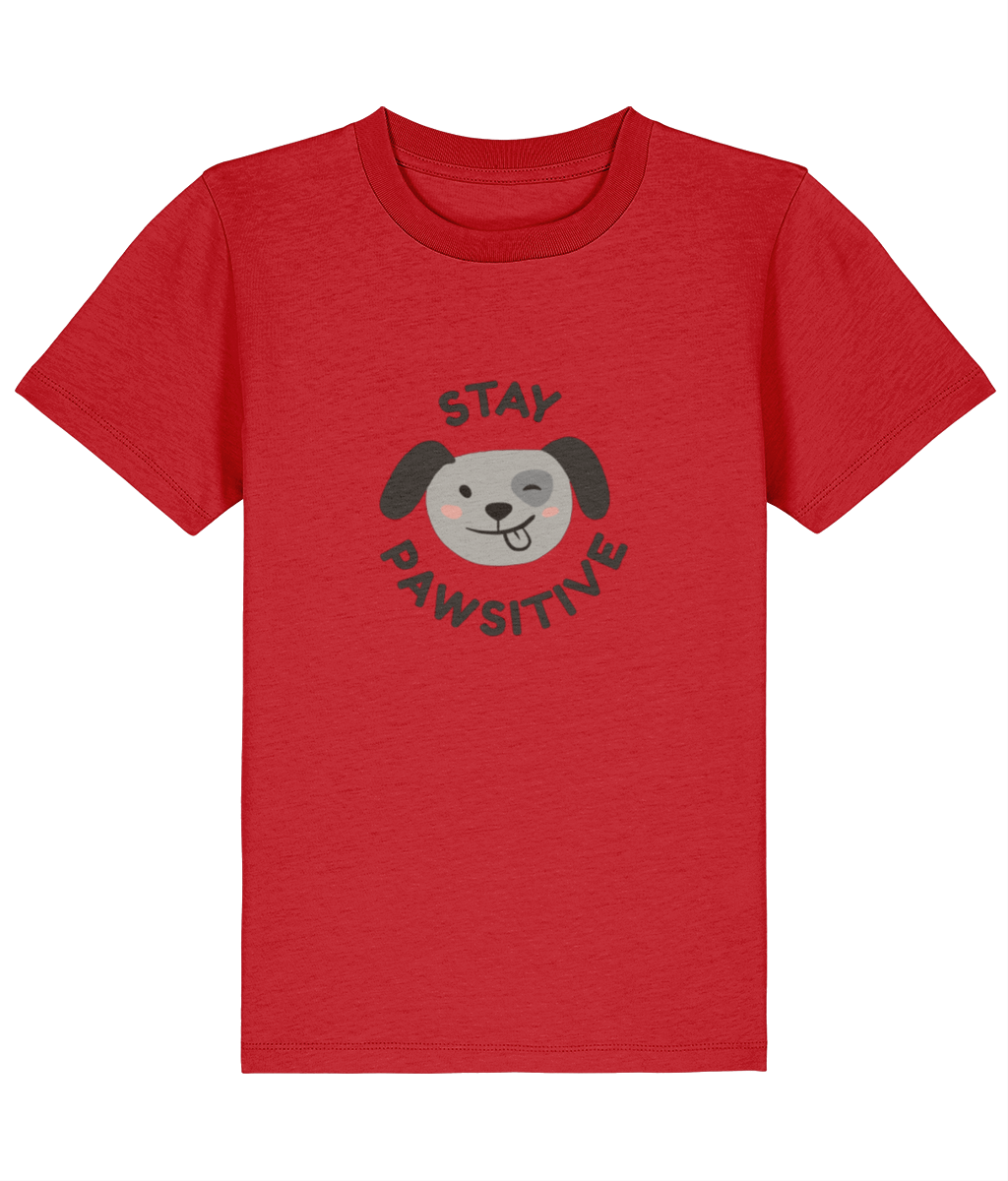 Red t-shirt with a dog graphic and 'Stay Pawsitive' text on a white background
