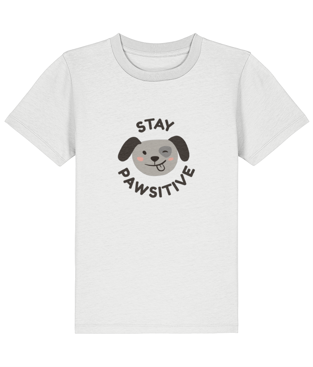 White t-shirt with a dog graphic and text 'Stay Pawsitive' on a white background