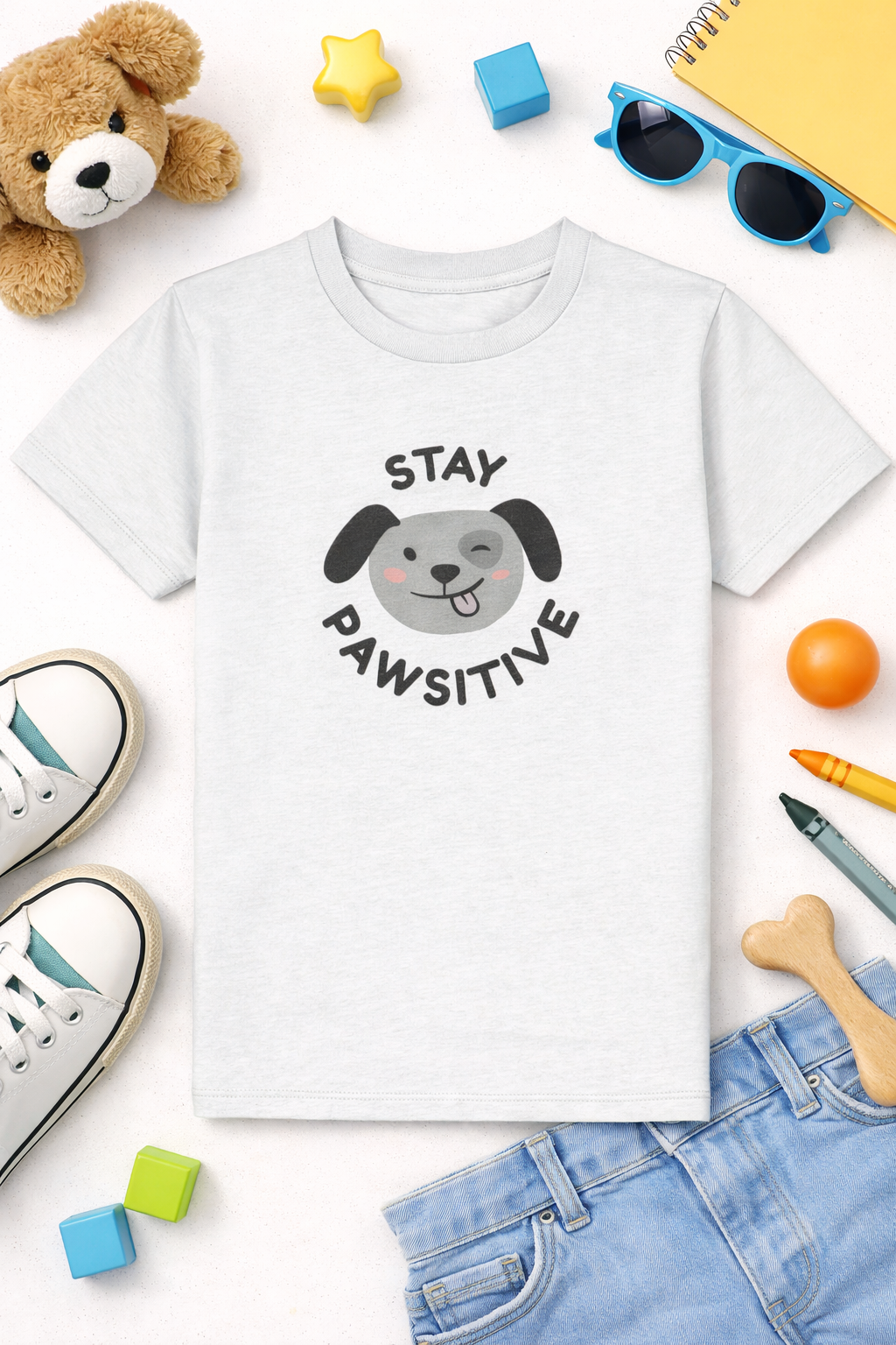 White t-shirt with a dog graphic and 'Stay Pawsitive' text on a surface with toys and shoes.