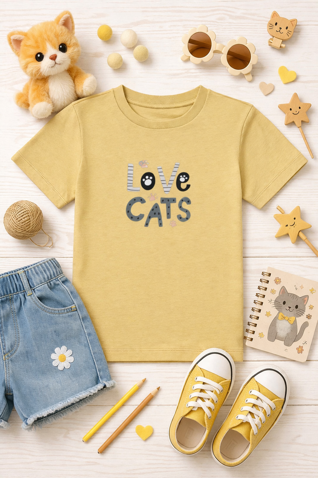 Yellow t-shirt with 'Love Cats' text, denim shorts, yellow sneakers, and cat-themed accessories on a light wooden surface.