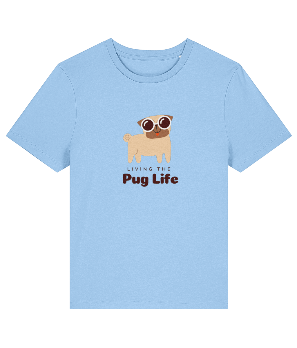 Light blue t-shirt with a pug graphic and 'Living the Pug Life' text on a white background