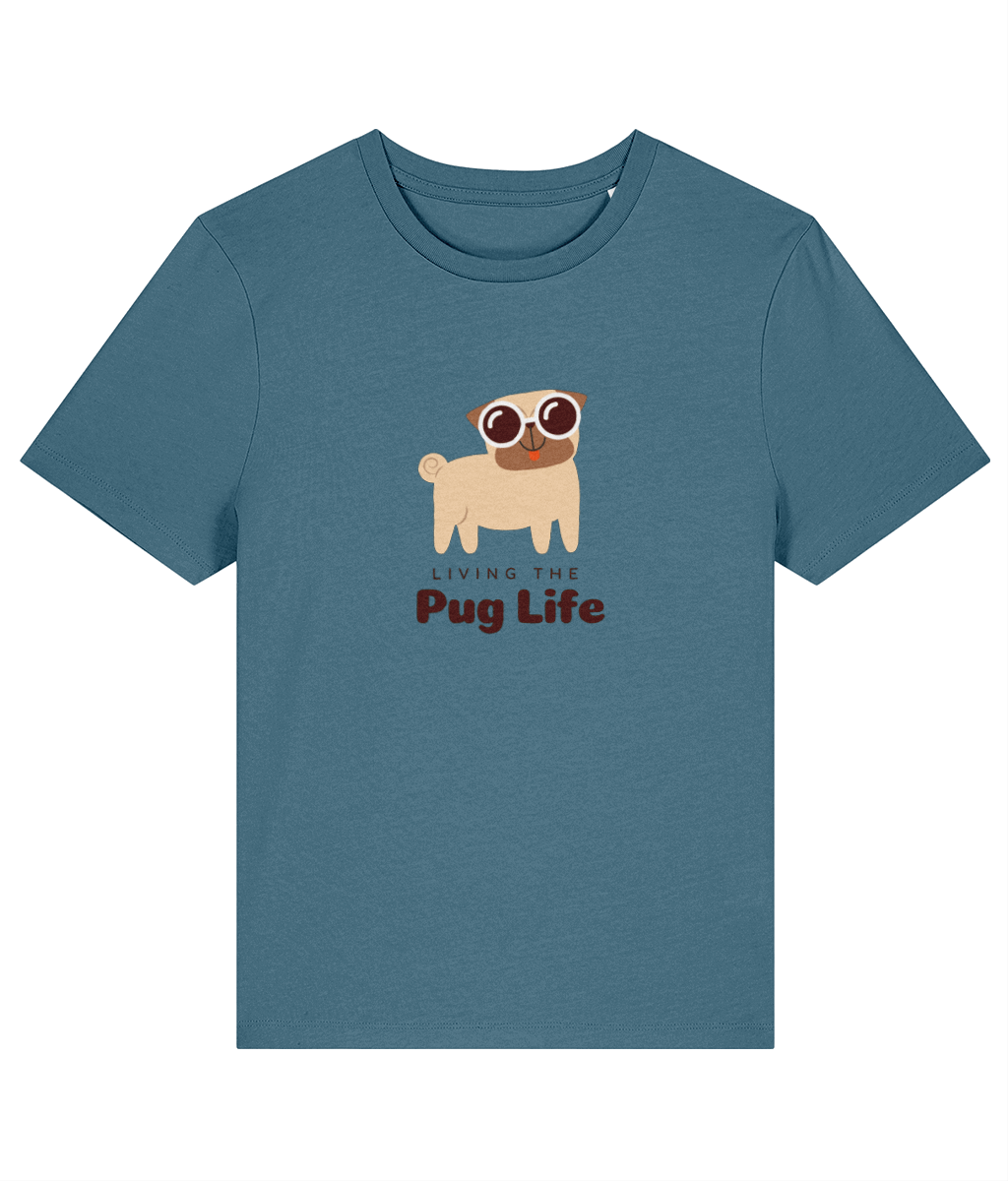 Blue t-shirt with a pug graphic and 'Living the Pug Life' text on a white background