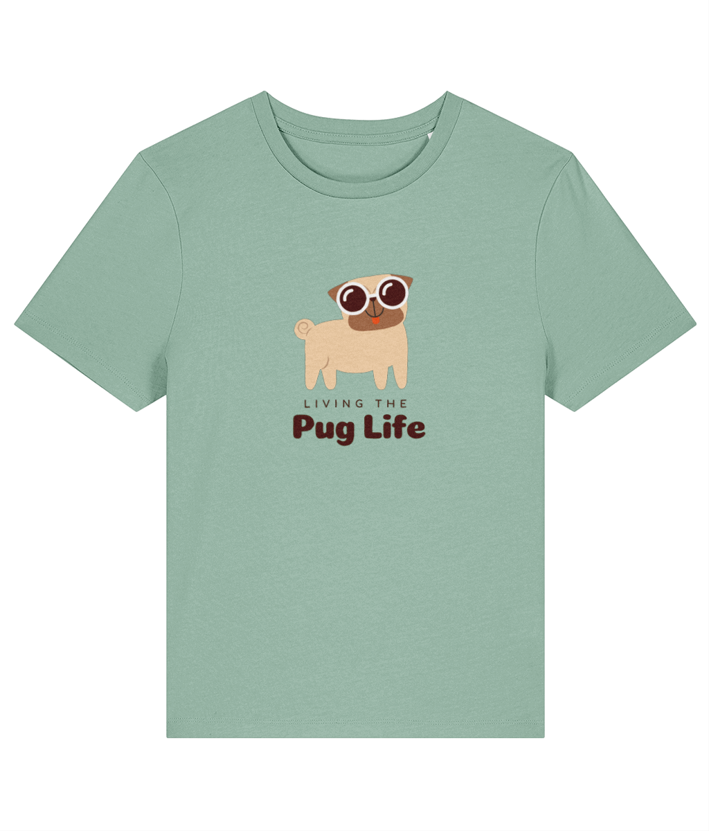Green t-shirt with a pug graphic and 'Living the Pug Life' text on a white background