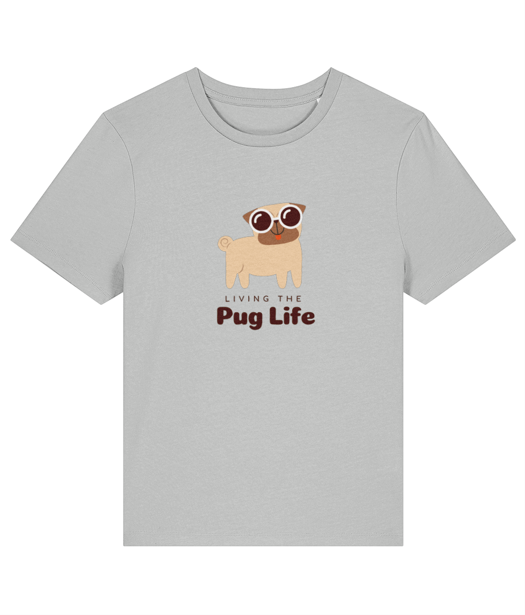 Gray t-shirt with a pug graphic and text on a white background