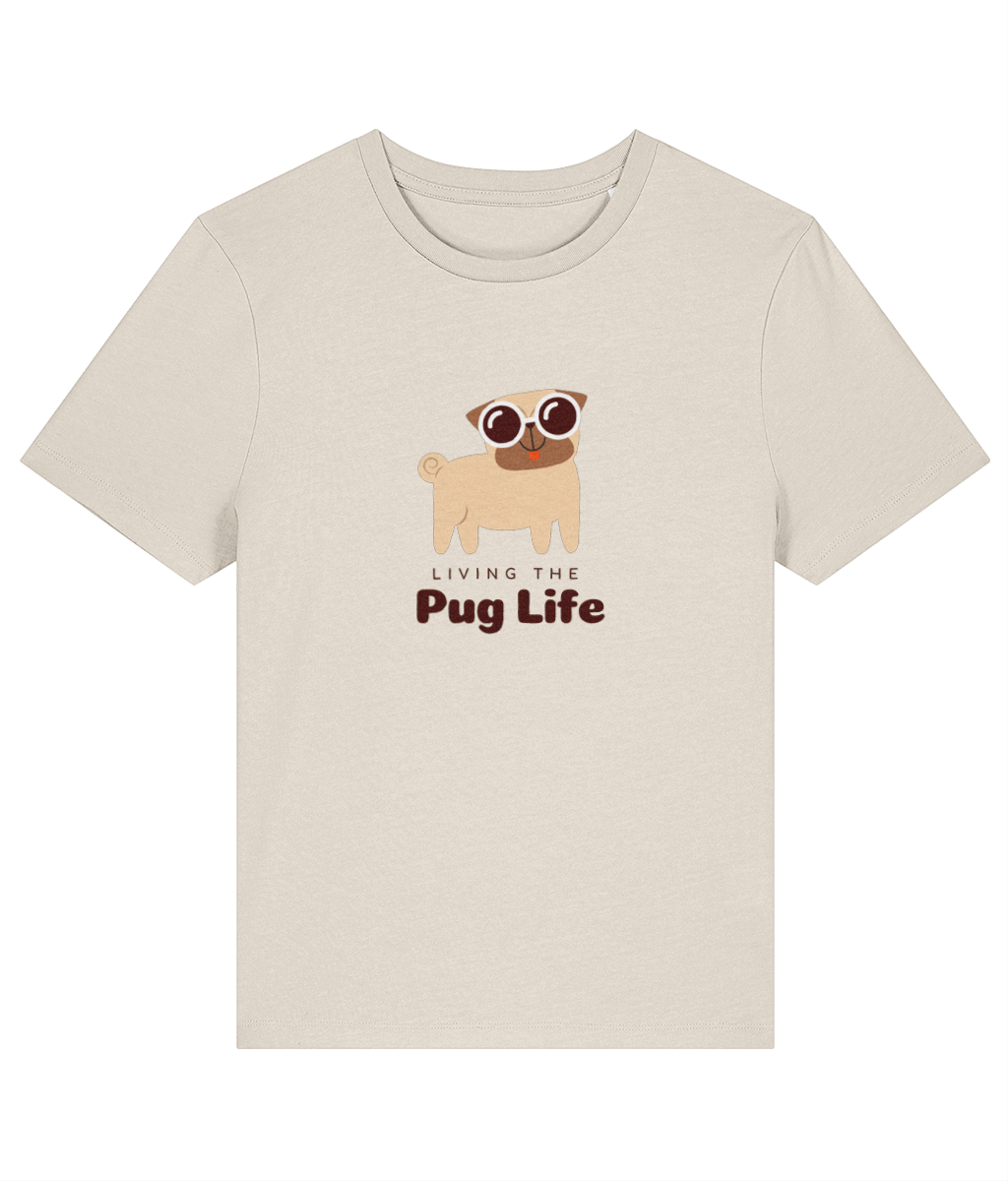 Beige t-shirt with a pug graphic and 'Living the Pug Life' text on a white background