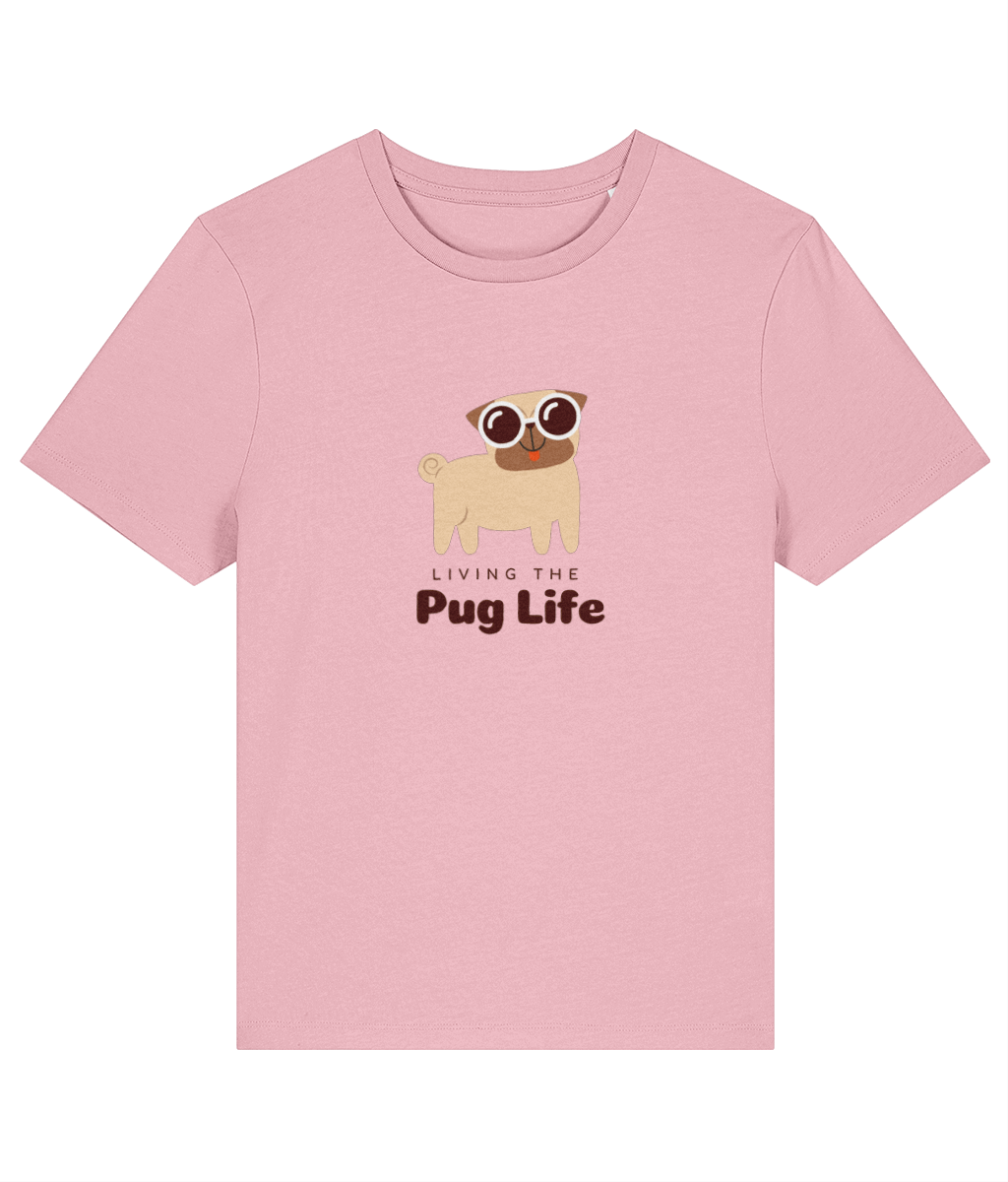 Pink t-shirt with a pug graphic and 'Living the Pug Life' text on a white background