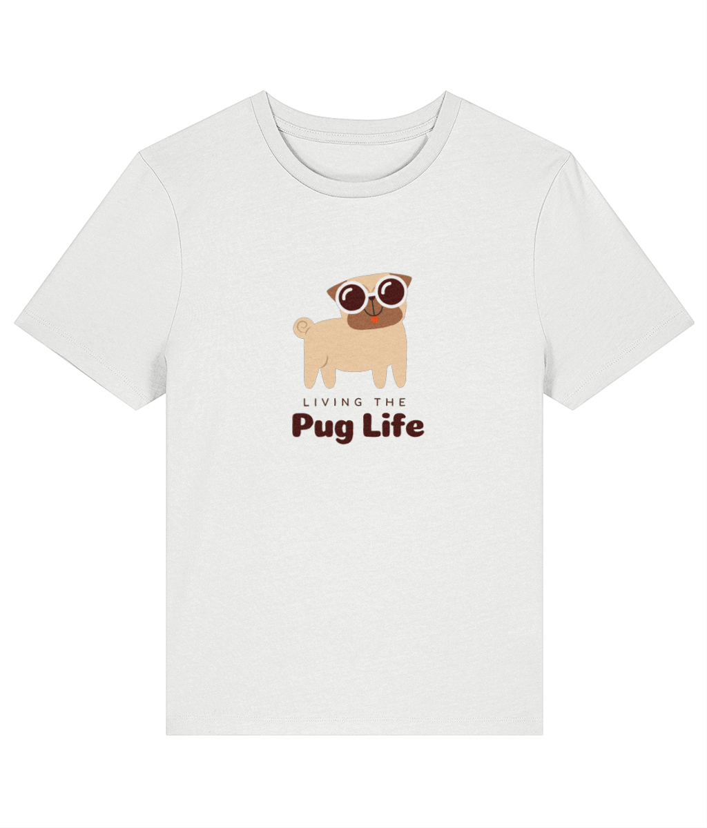 White t-shirt with a pug graphic and 'Living the Pug Life' text on a white background