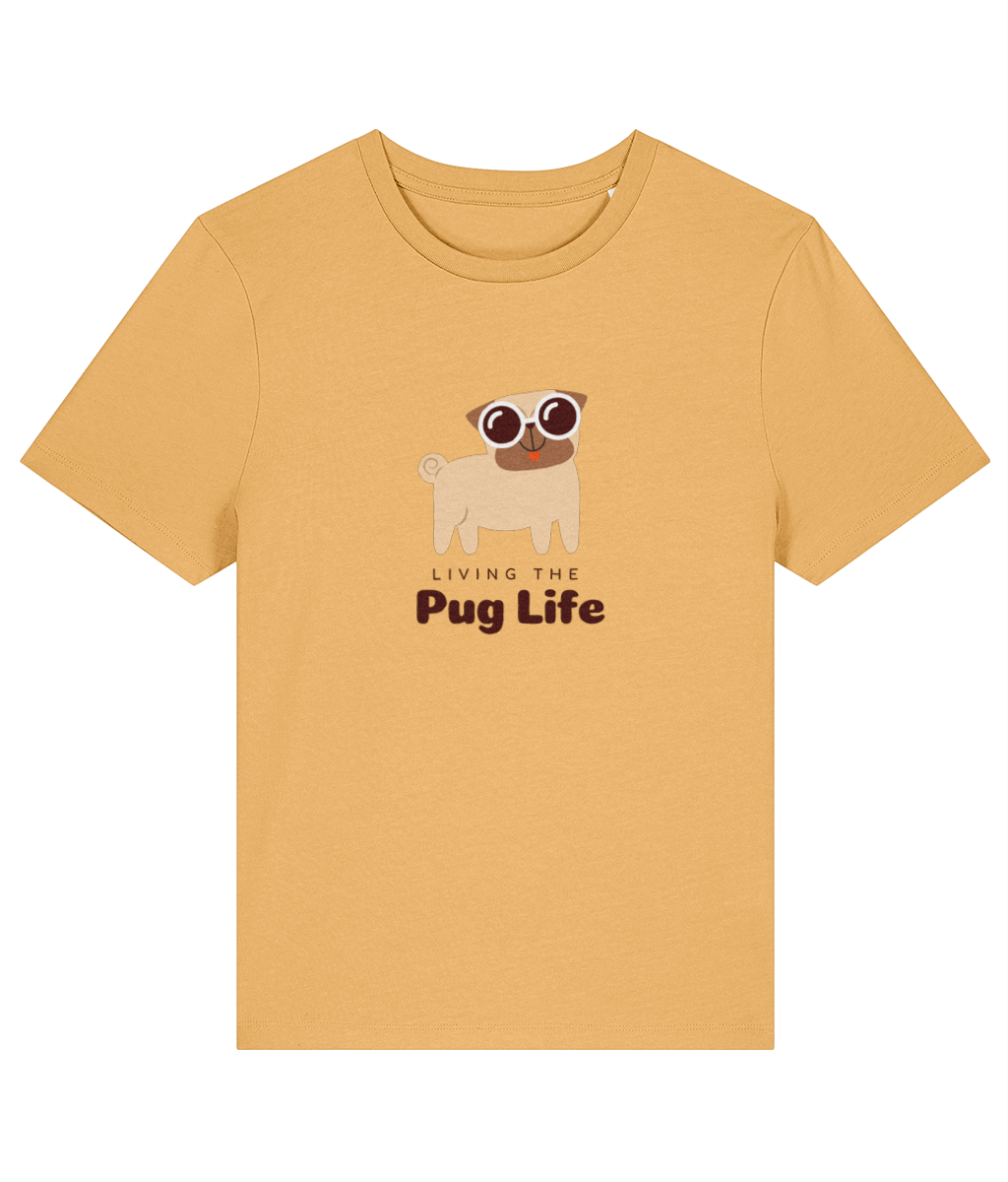 Yellow t-shirt with a pug graphic and 'Living the Pug Life' text on a white background
