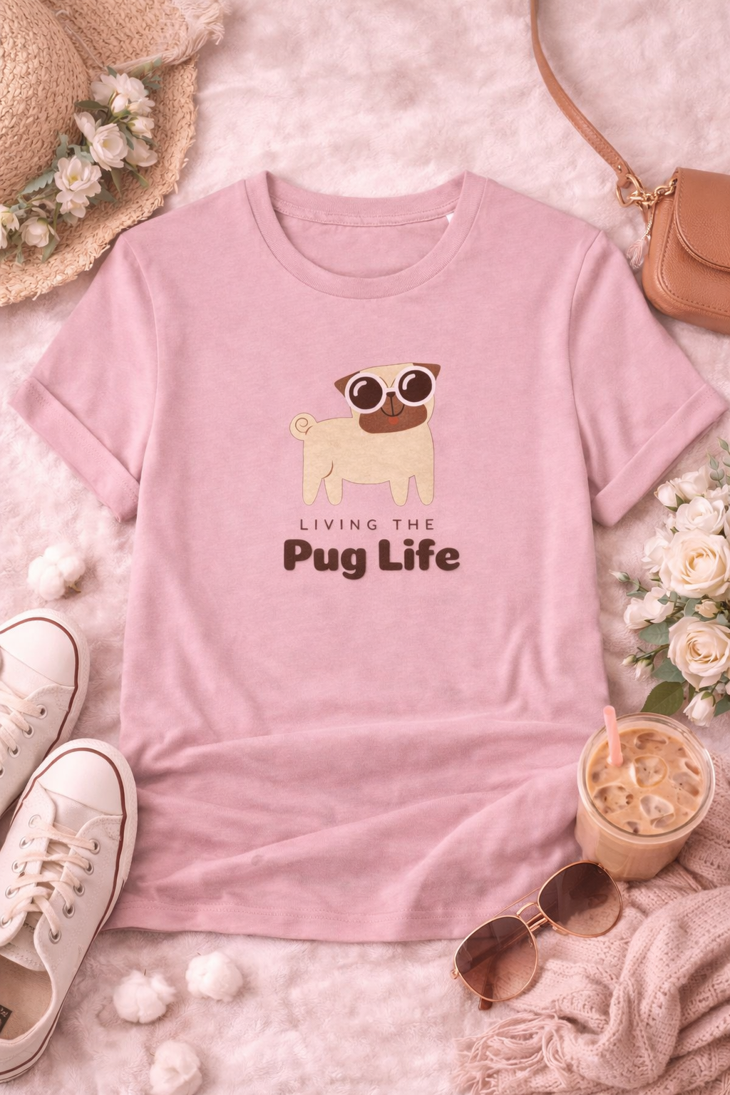 Pink t-shirt with pug graphic and text 'Living the Pug Life' on a soft pink surface with accessories.