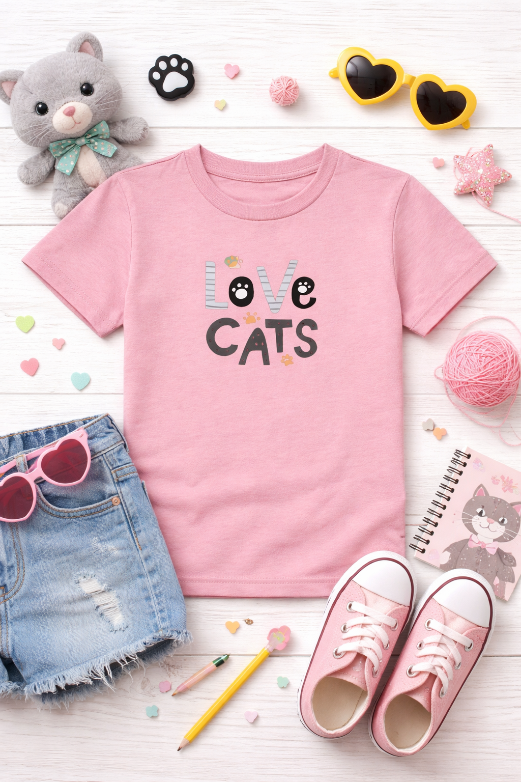 Pink t-shirt with 'Love Cats' text, denim shorts, pink sneakers, and cat-themed accessories on a white wooden surface.