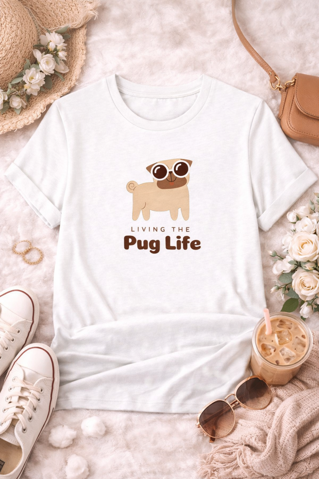 White t-shirt with pug graphic and 'Living the Pug Life' text on a soft surface with accessories.