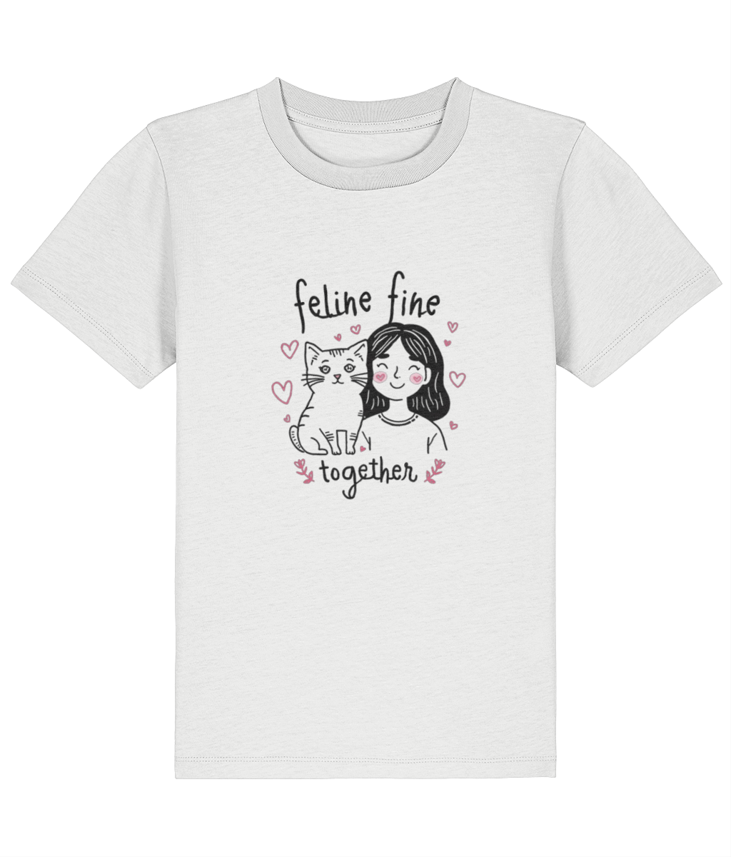 White t-shirt with a graphic of a cat and text 'feline fine together' on a white background