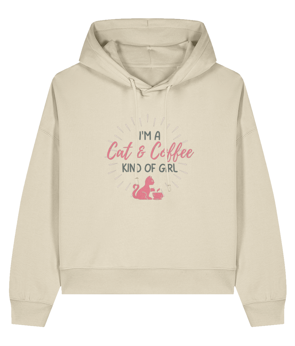 Beige hoodie with text 'I'm a Cat & Coffee Kind of Girl' and a pink flamingo graphic on a white background.