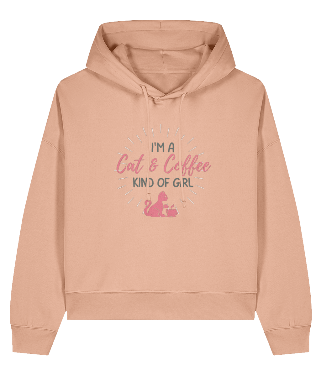 Beige hoodie with text 'I'm a Cat & Coffee Kind of Girl' on a white background