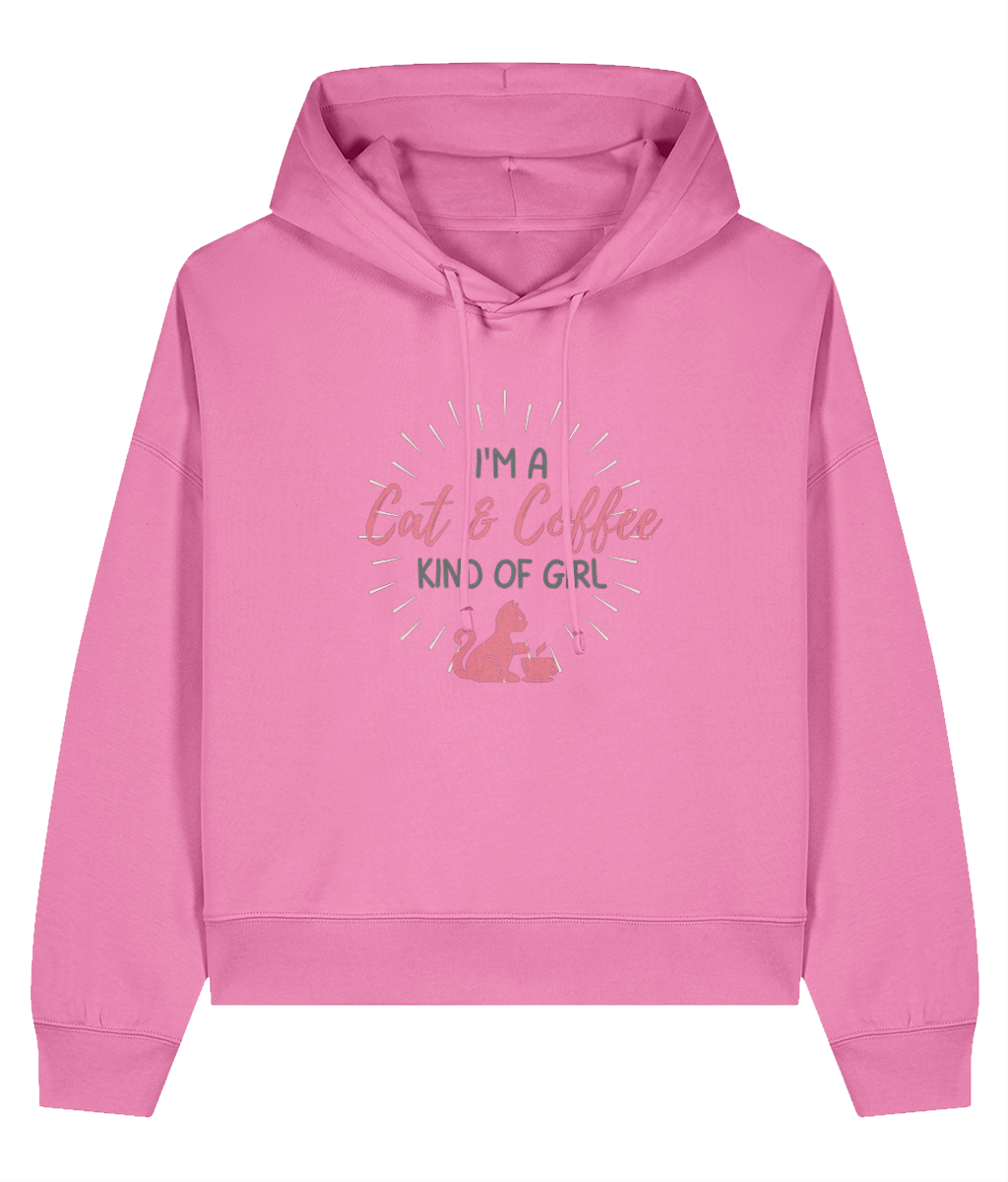 Pink hoodie with text and graphic design on a white background