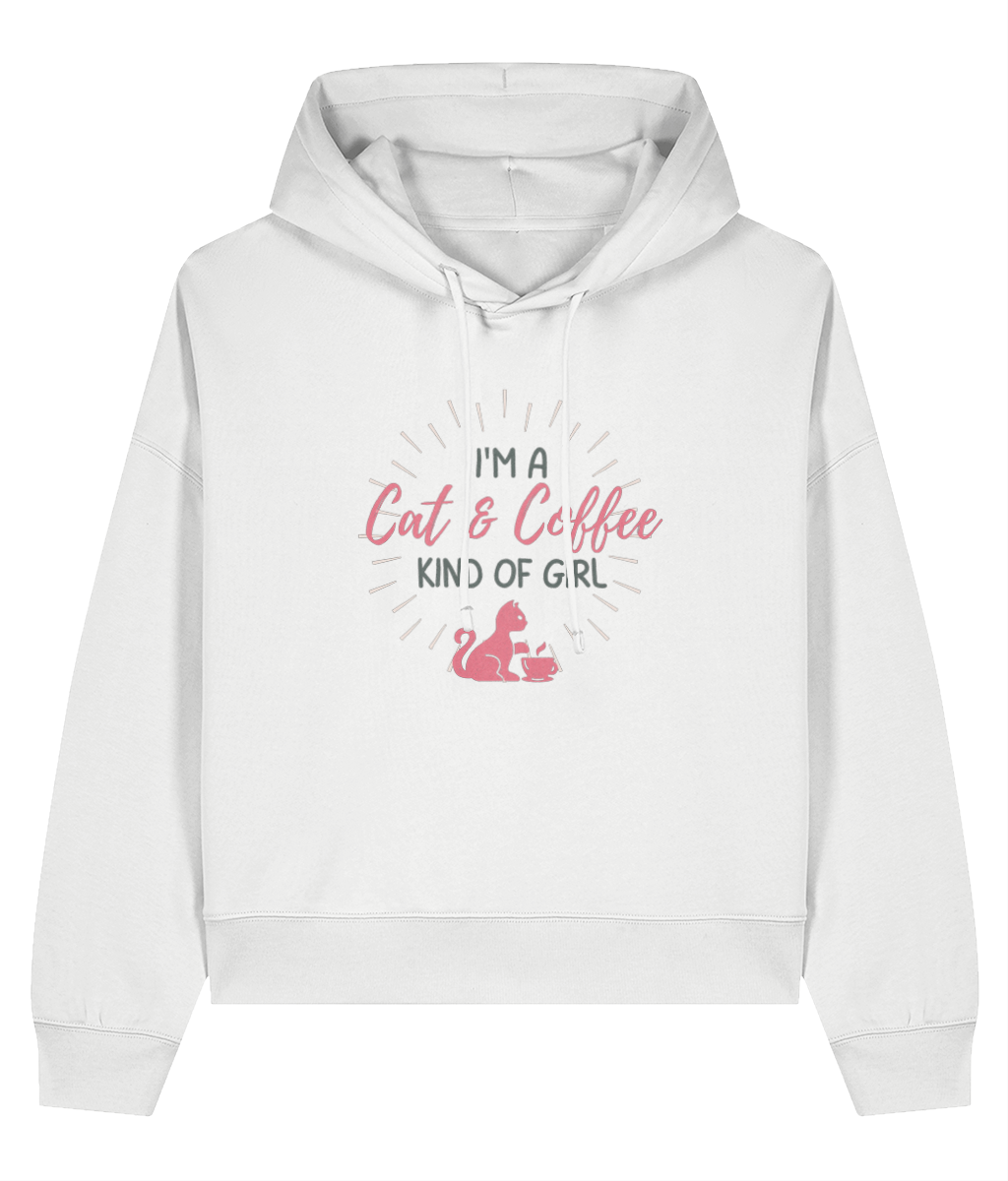 White hoodie with pink text and graphics on a white background