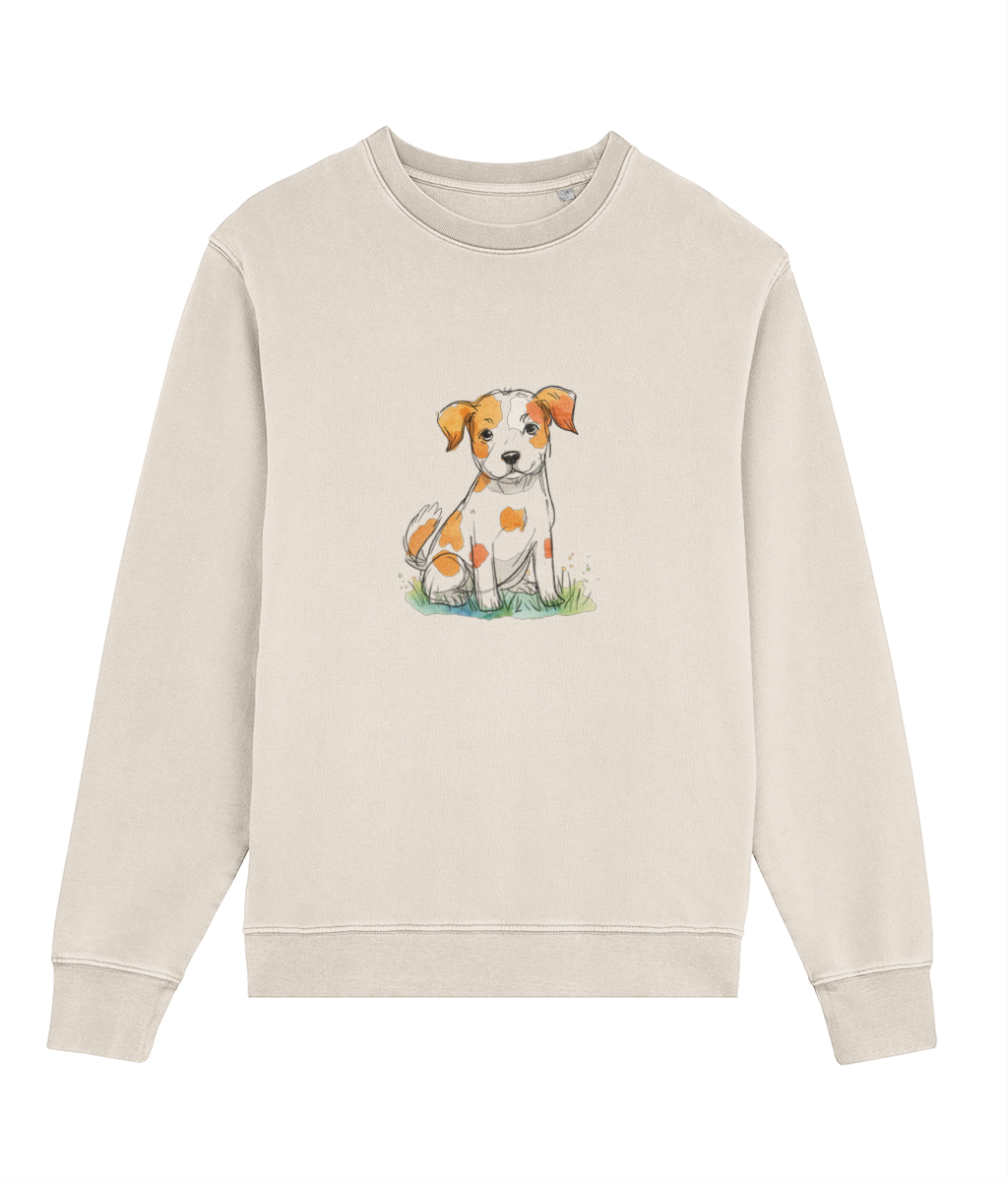 Beige sweatshirt with a dog graphic on a white background