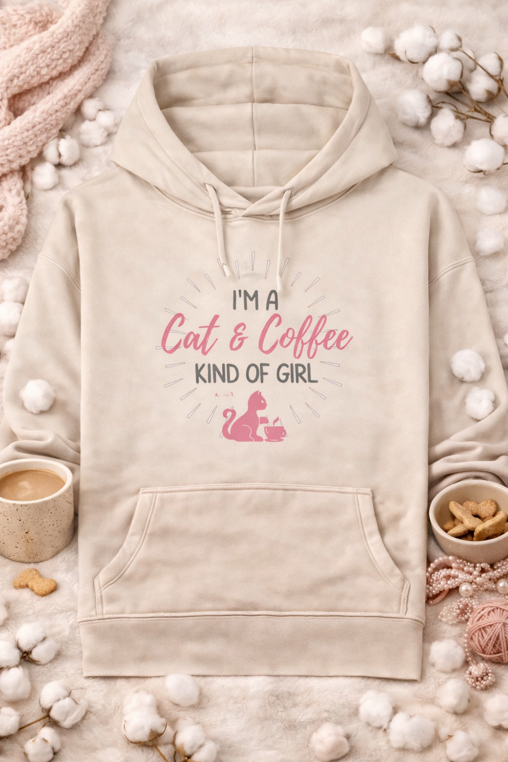 Beige hoodie with 'I'm a Cat & Coffee Kind of Girl' text and pink flamingo graphic, surrounded by coffee cups and cotton balls.