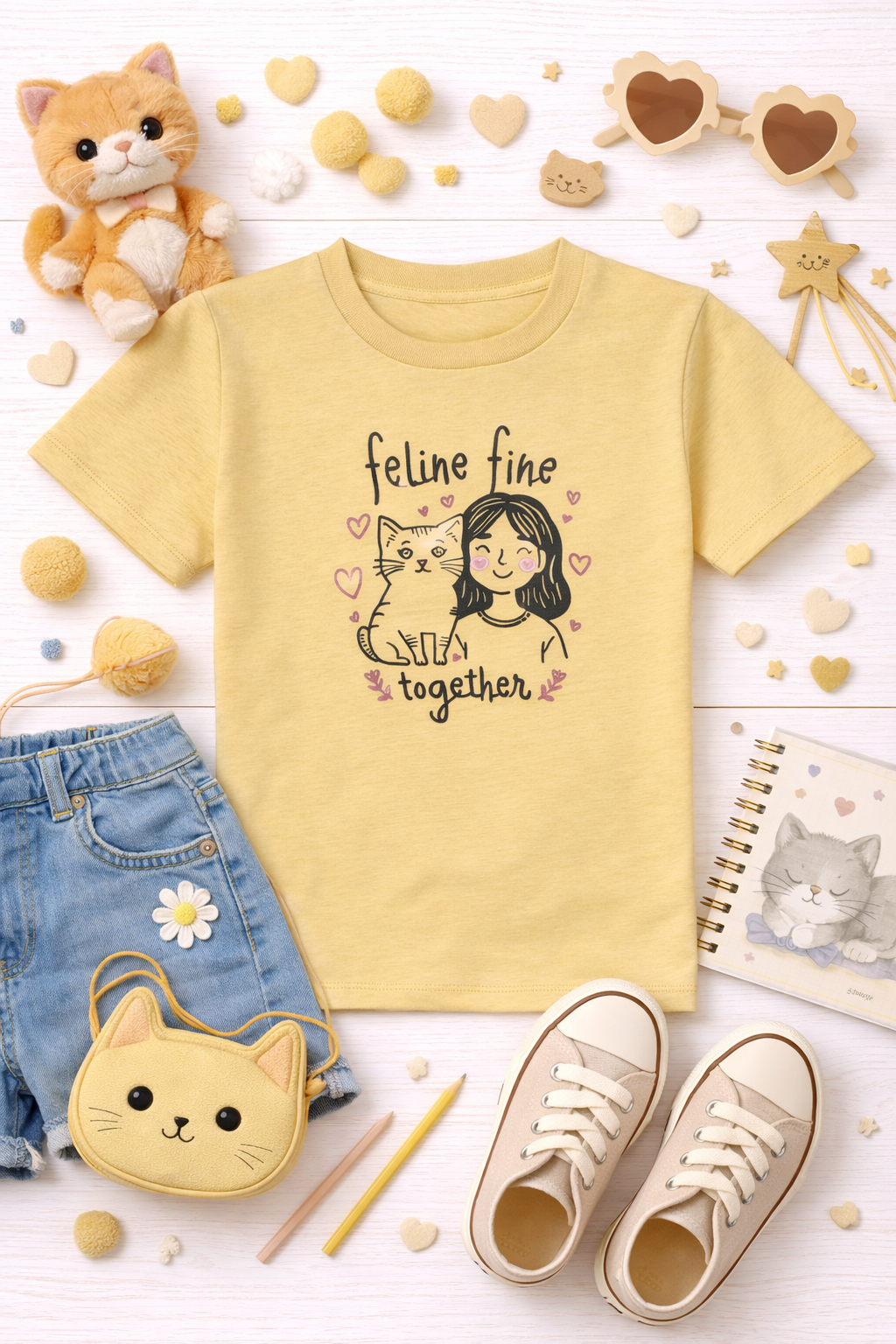 Yellow t-shirt with a graphic design, denim shorts, cat-themed accessories on a white background