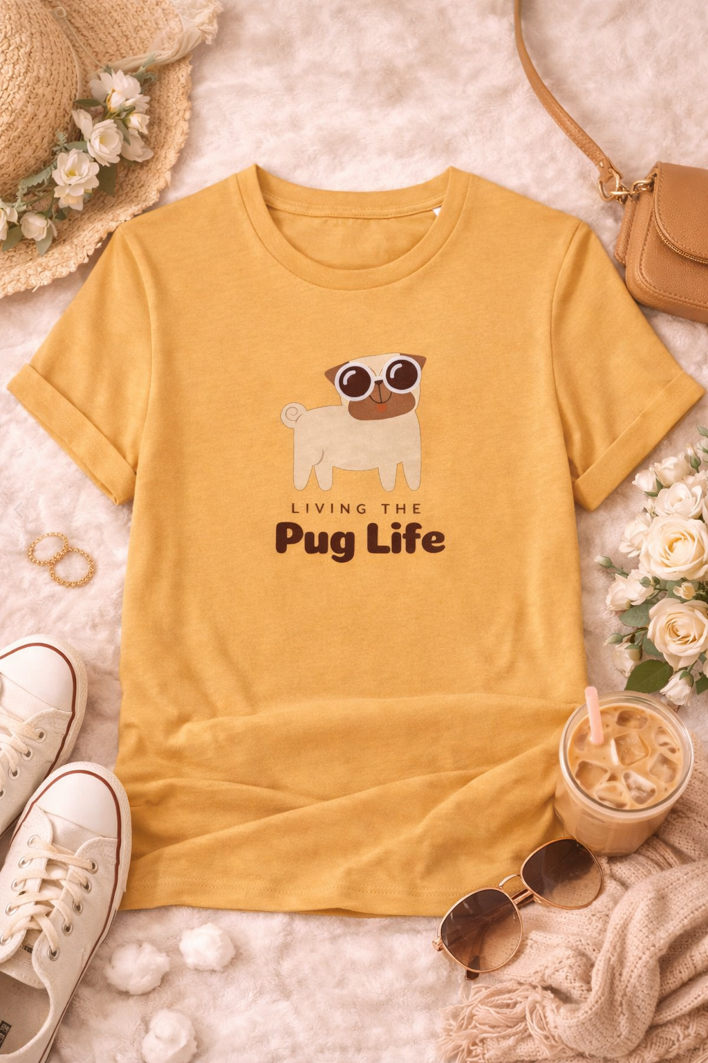 Yellow t-shirt with pug graphic and 'Living the Pug Life' text, surrounded by casual items on a light surface.
