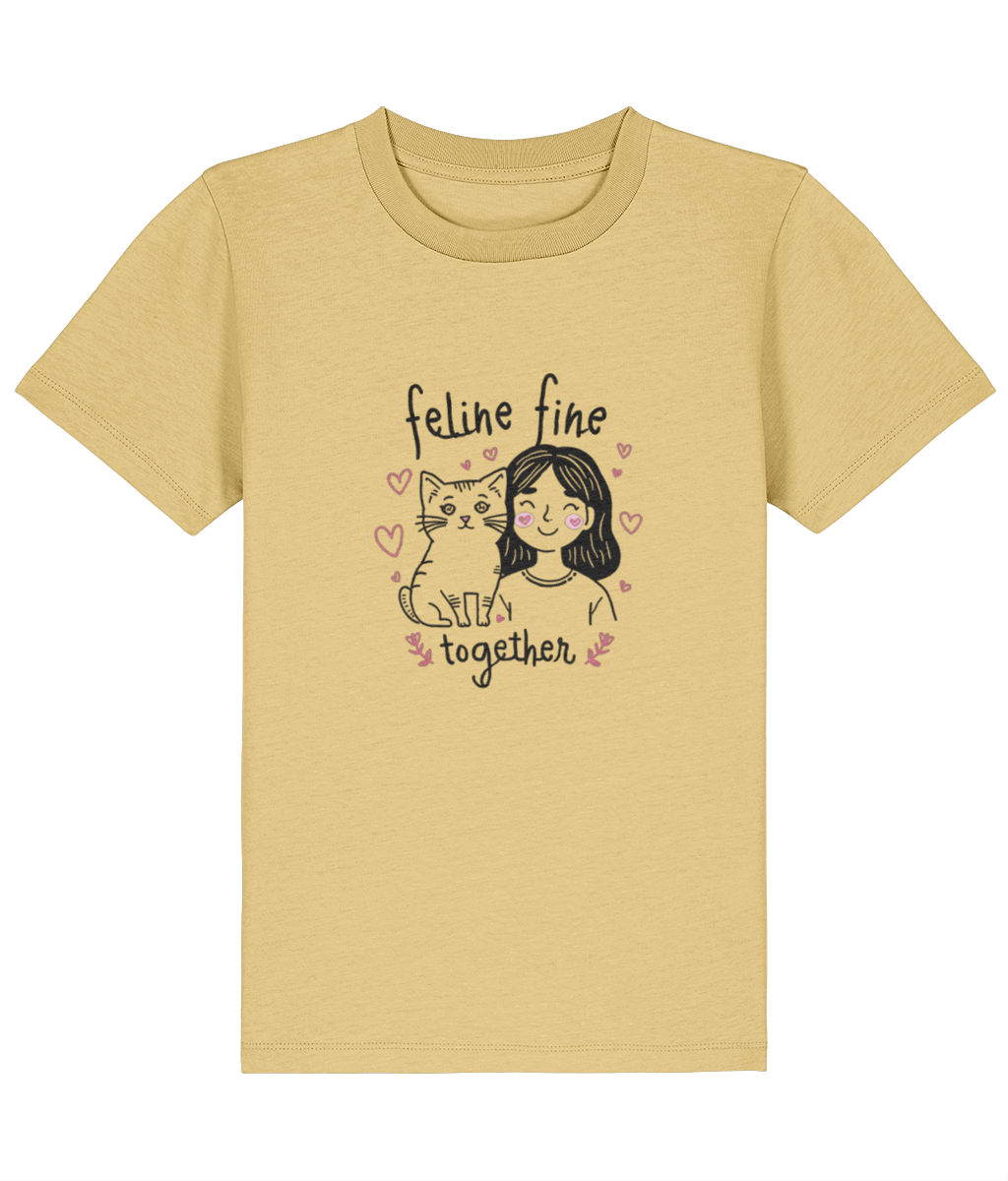 Yellow t-shirt with a graphic of a woman and cat with text 'feline fine together' on a white background